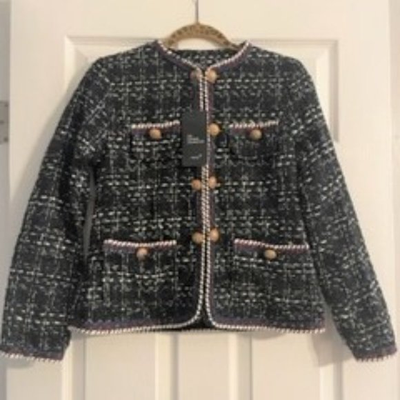 Jacket Tweed Inlaid Plaid Check Long Sleeved Coat Blazer - Picture 4 of 8